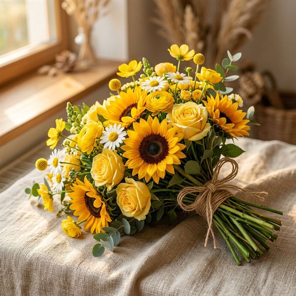 Ramo realista de flores amarillas, girasoles y rosas con luz natural